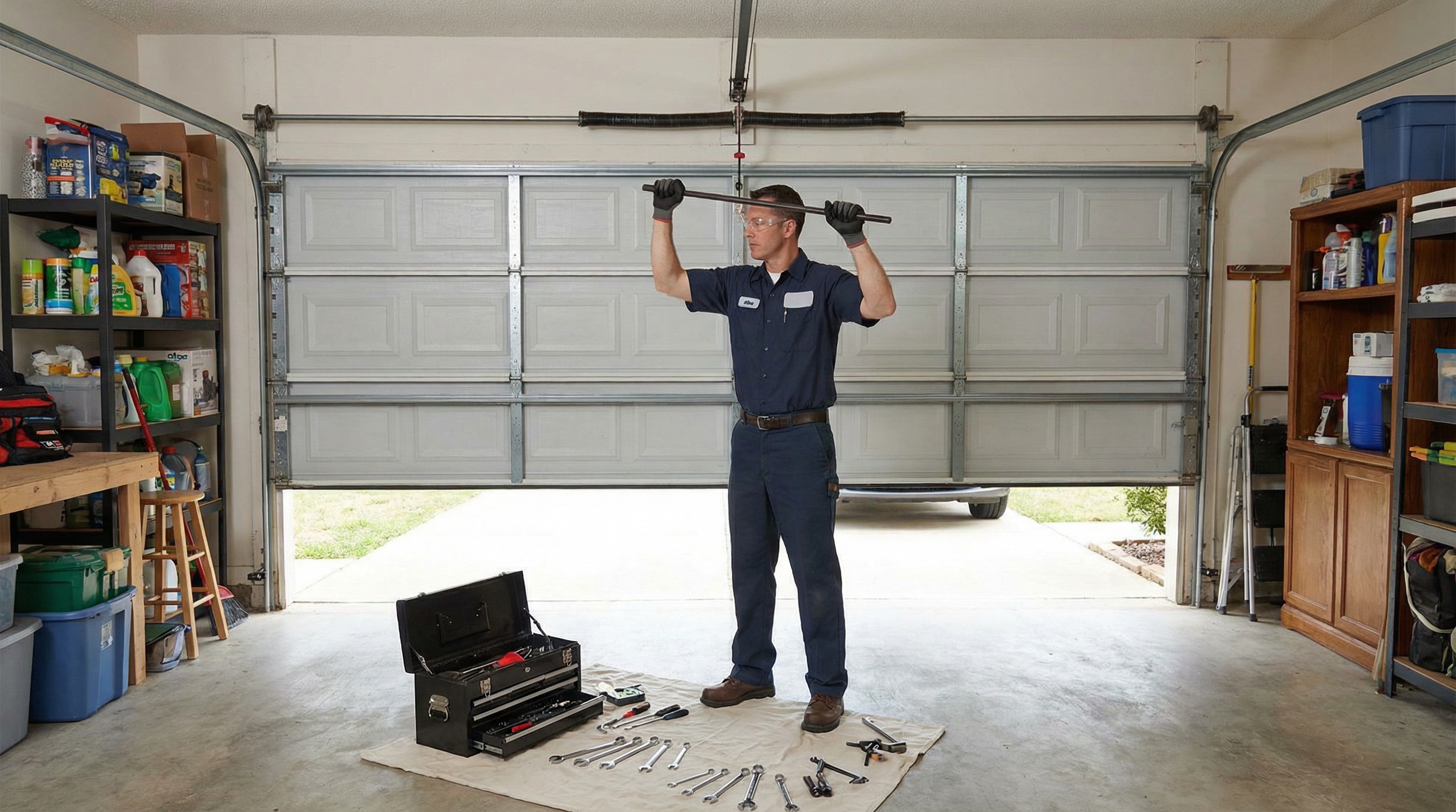 Professional garage door spring installation process by expert technician
