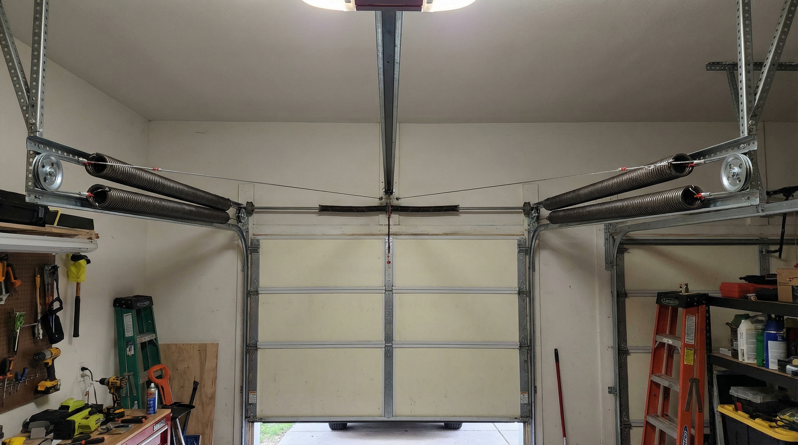 Extension springs stretched along horizontal tracks on both sides of garage door with pulleys and cables