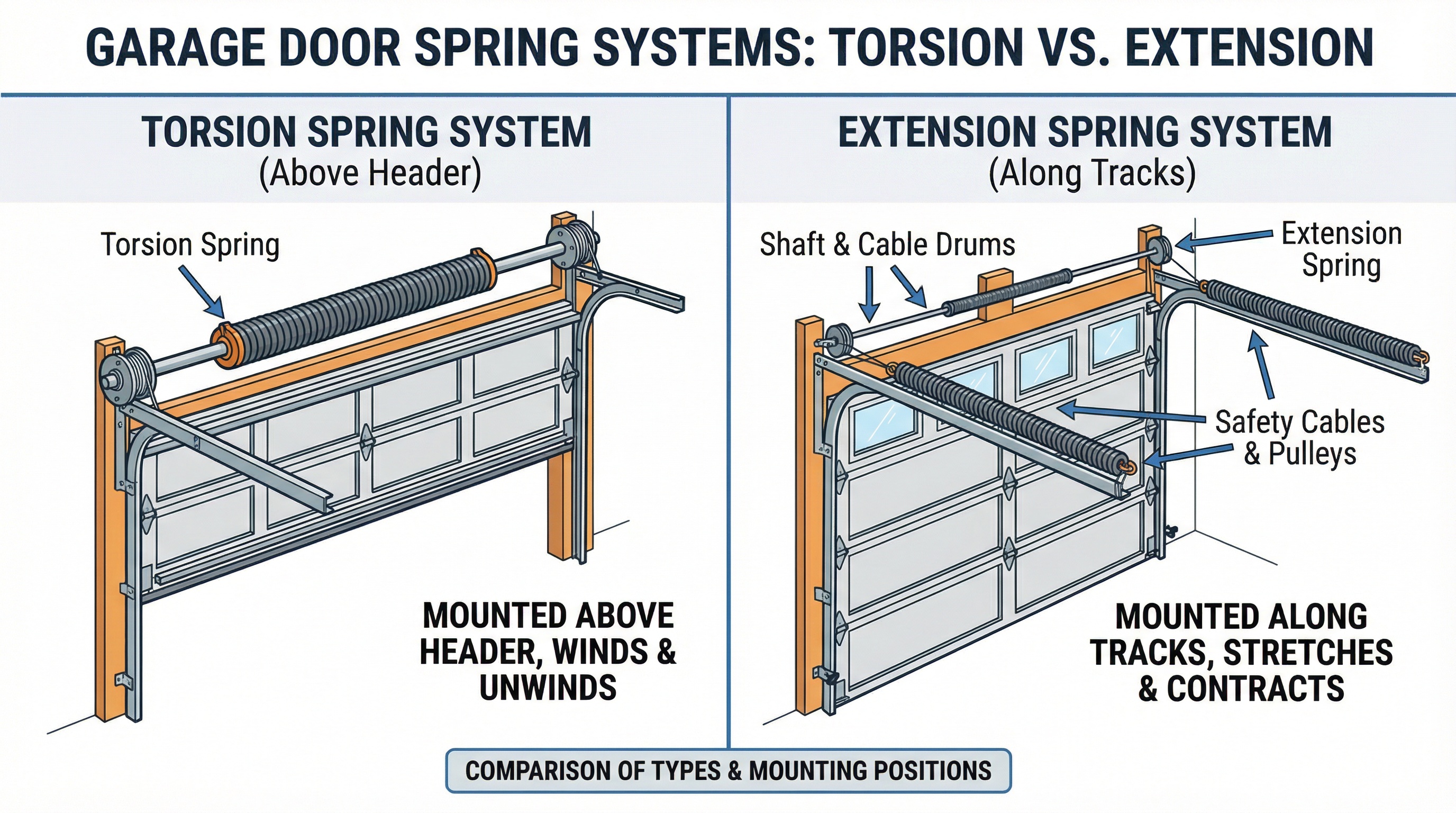 Diagram comparing torsion springs and extension springs for garage doors
