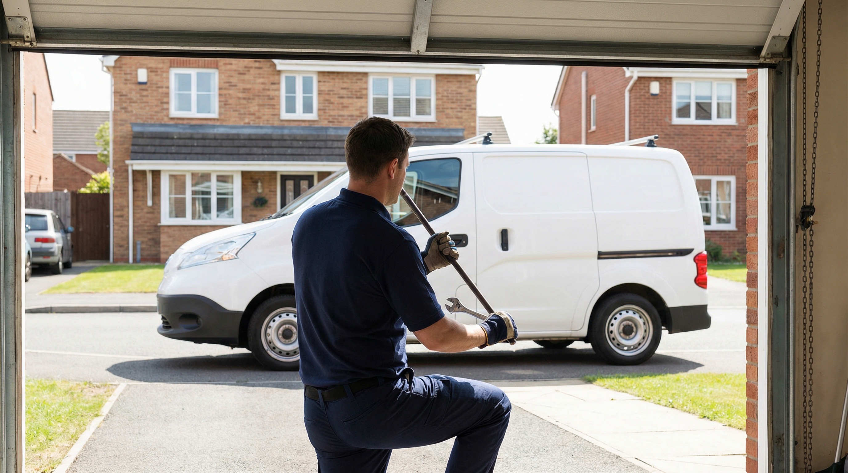 Professional technician with garage door spring tools