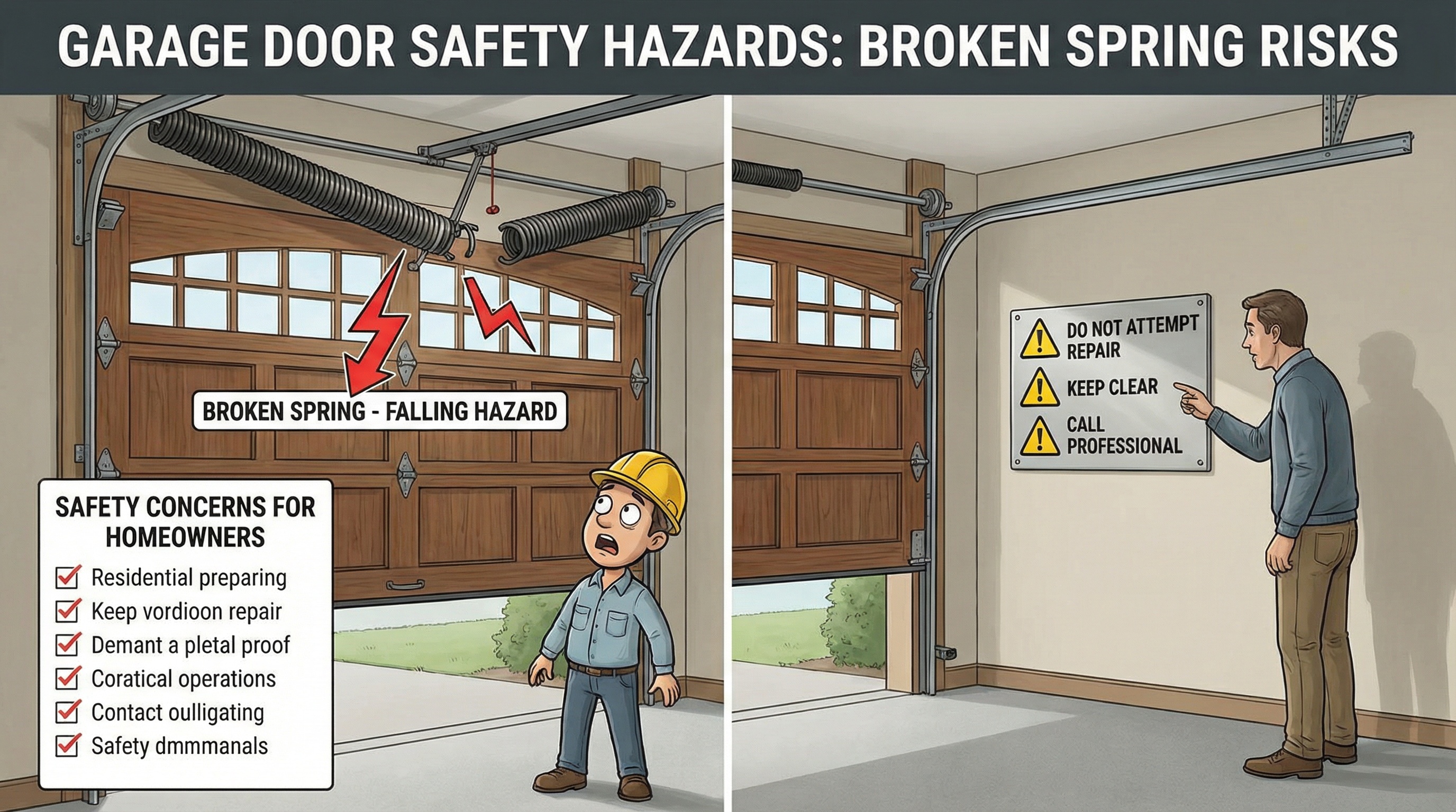 Garage door safety hazards from broken spring