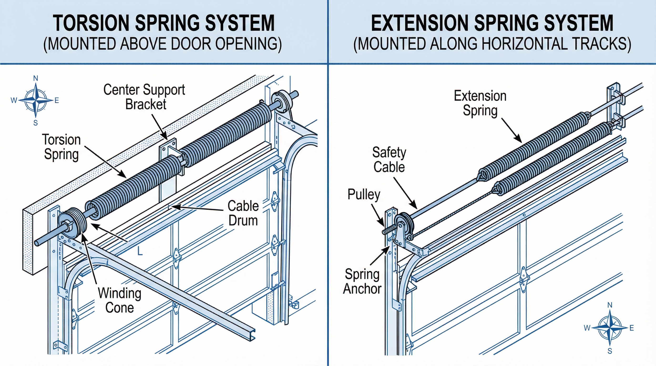 Comparison of torsion spring and extension spring for garage doors