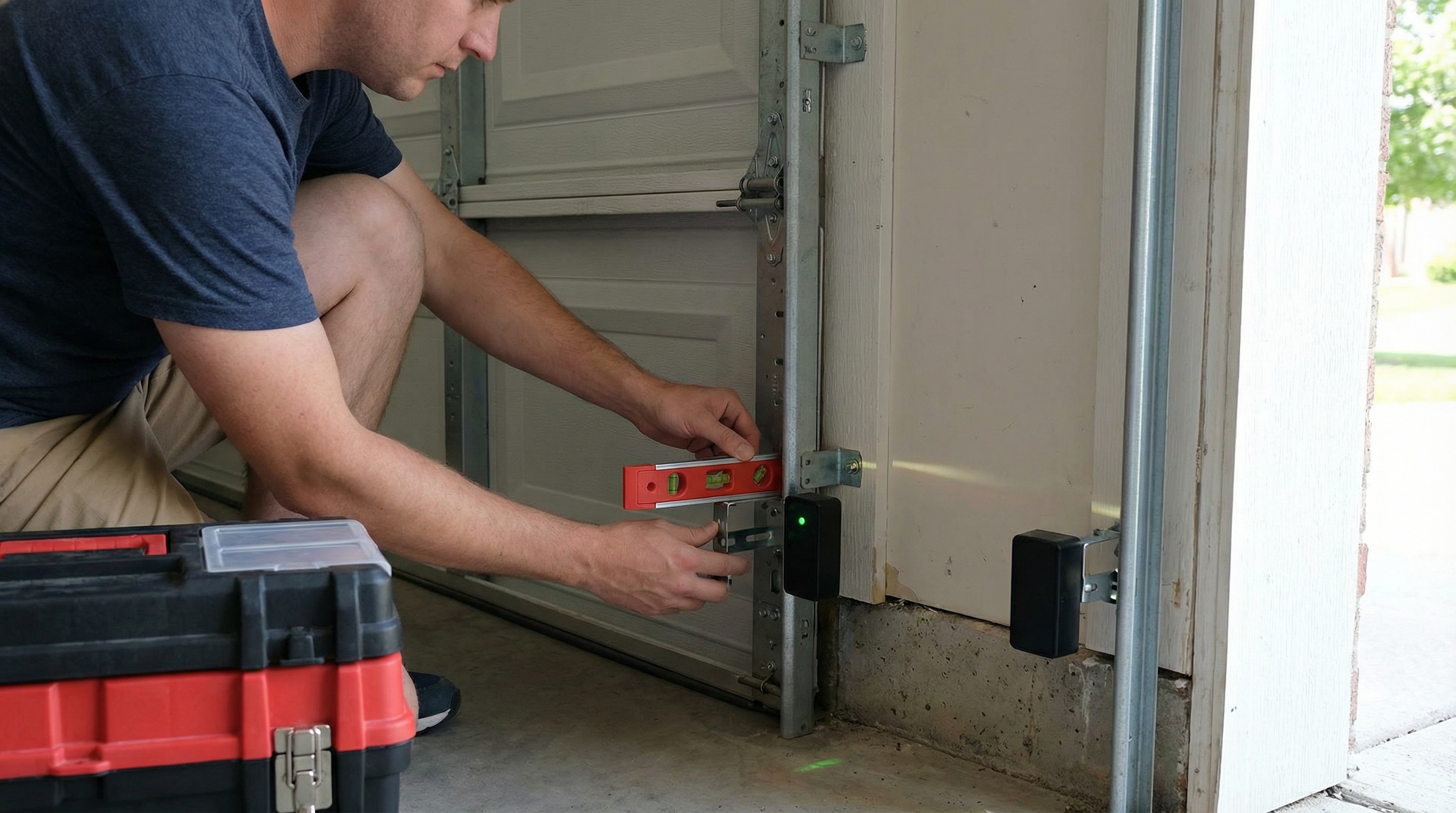 Person demonstrating proper garage door sensor alignment technique using a level tool