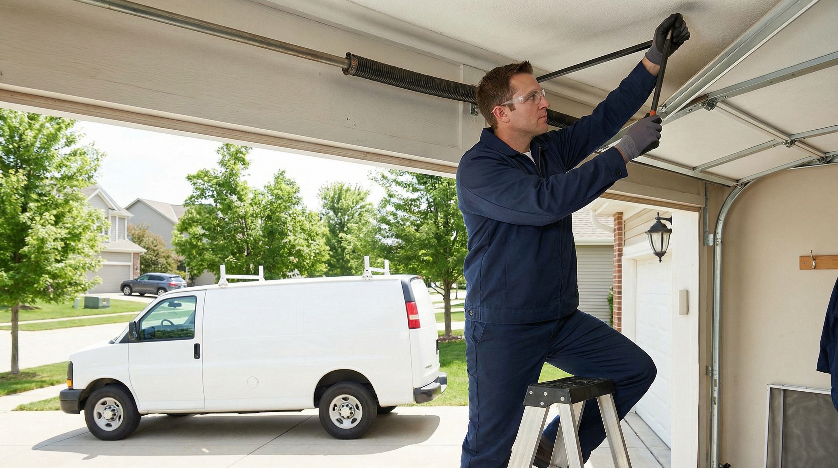 Professional technician safely replacing garage door spring