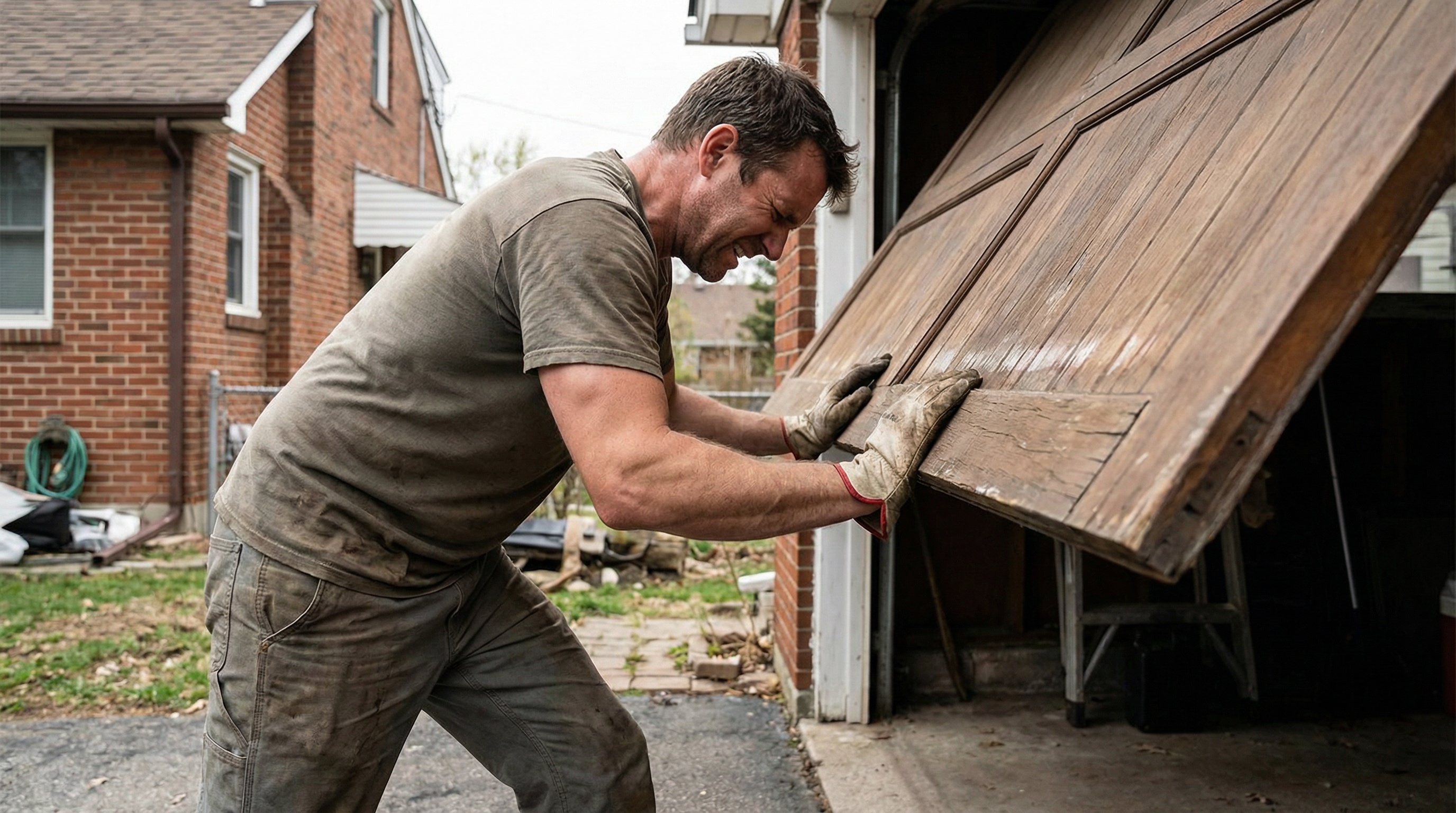 Person struggling to manually lift a heavy garage door