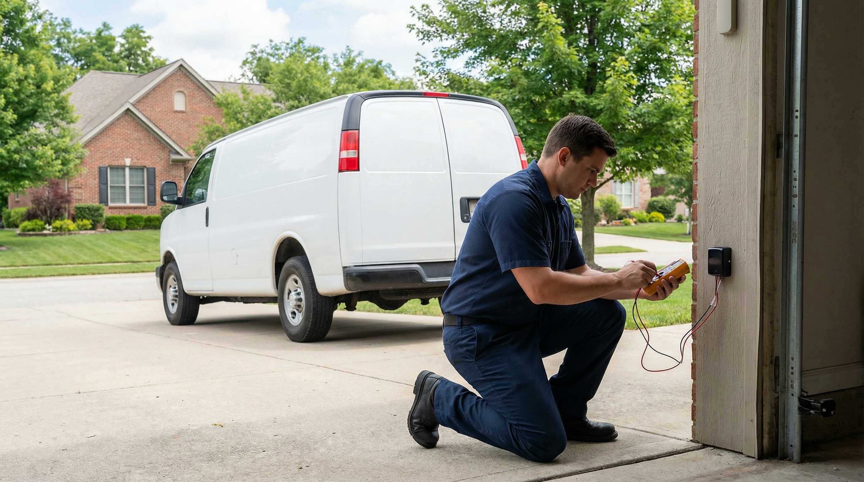 Professional technician repairing and aligning garage door sensors