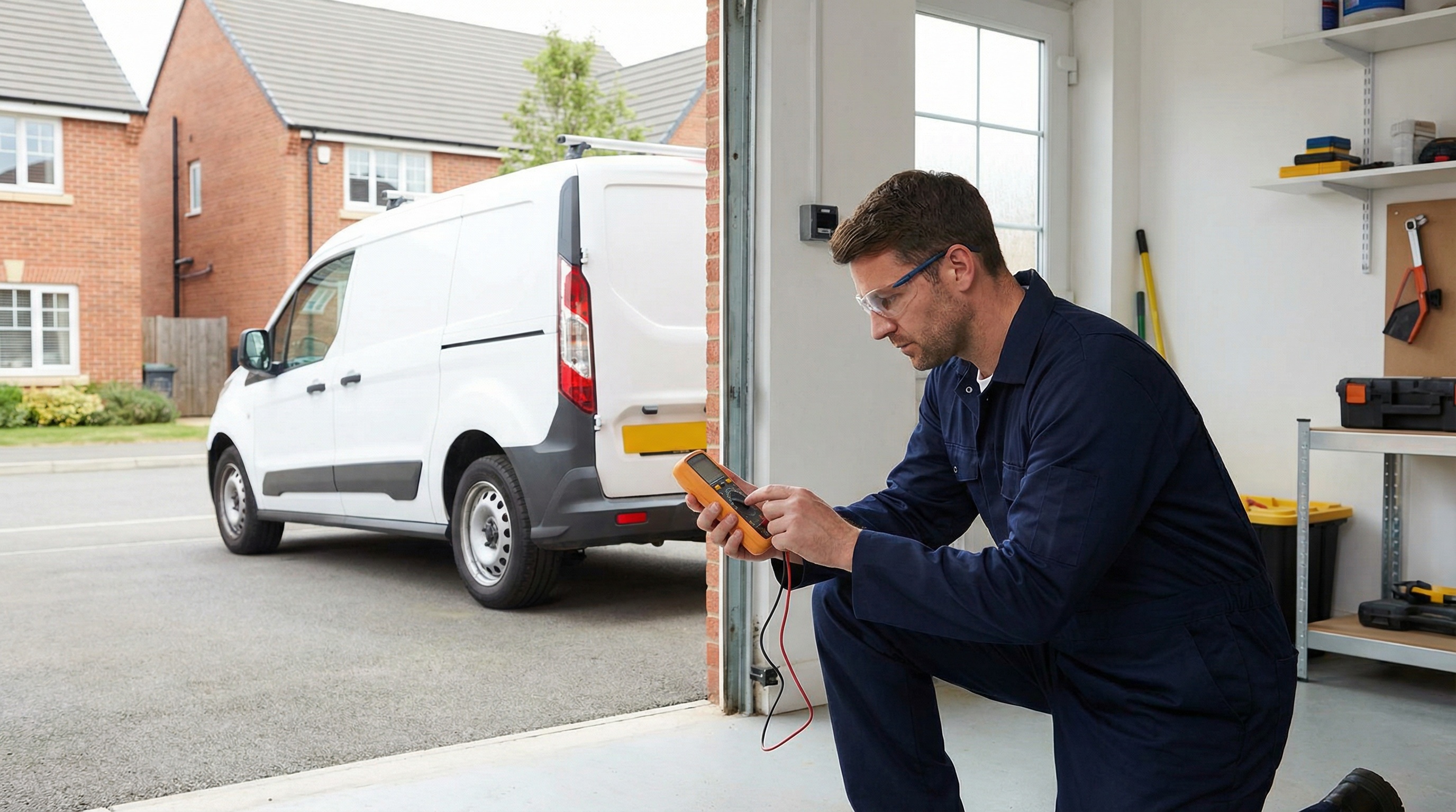 Professional technician testing garage door sensor voltage with multimeter in Upper Darby garage